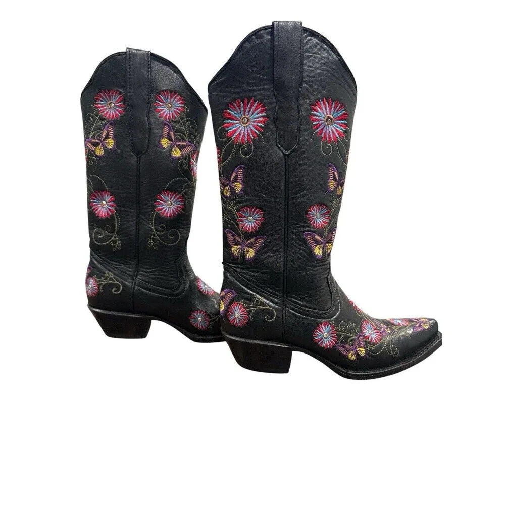 Cowboy Pro Black Leather Western Boots Floral Butterfly Embroidered Handmade 6.5